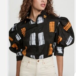 Busayo‎ Womens Tola Black Print Cotton Jacquard Puff Sleeve Button Up Shirt L